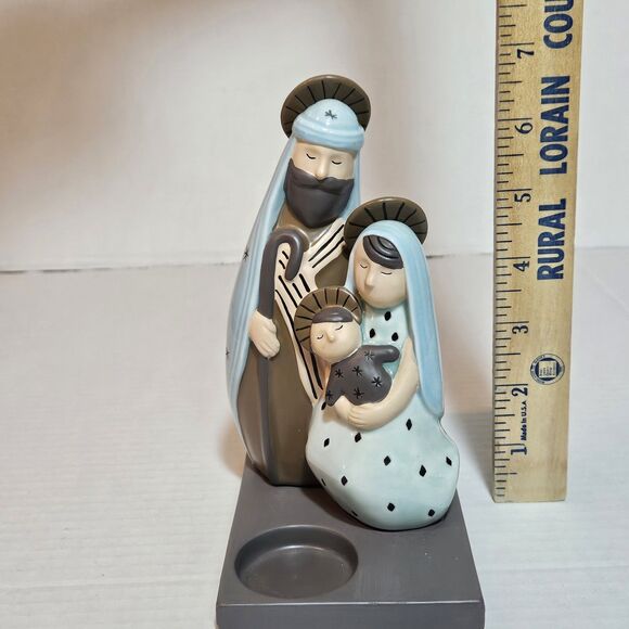 PartyLite Ceramic Nativity Joseph, Mary and Jesus Tea Light Candle -Teal Blue - Picture 8 of 9
